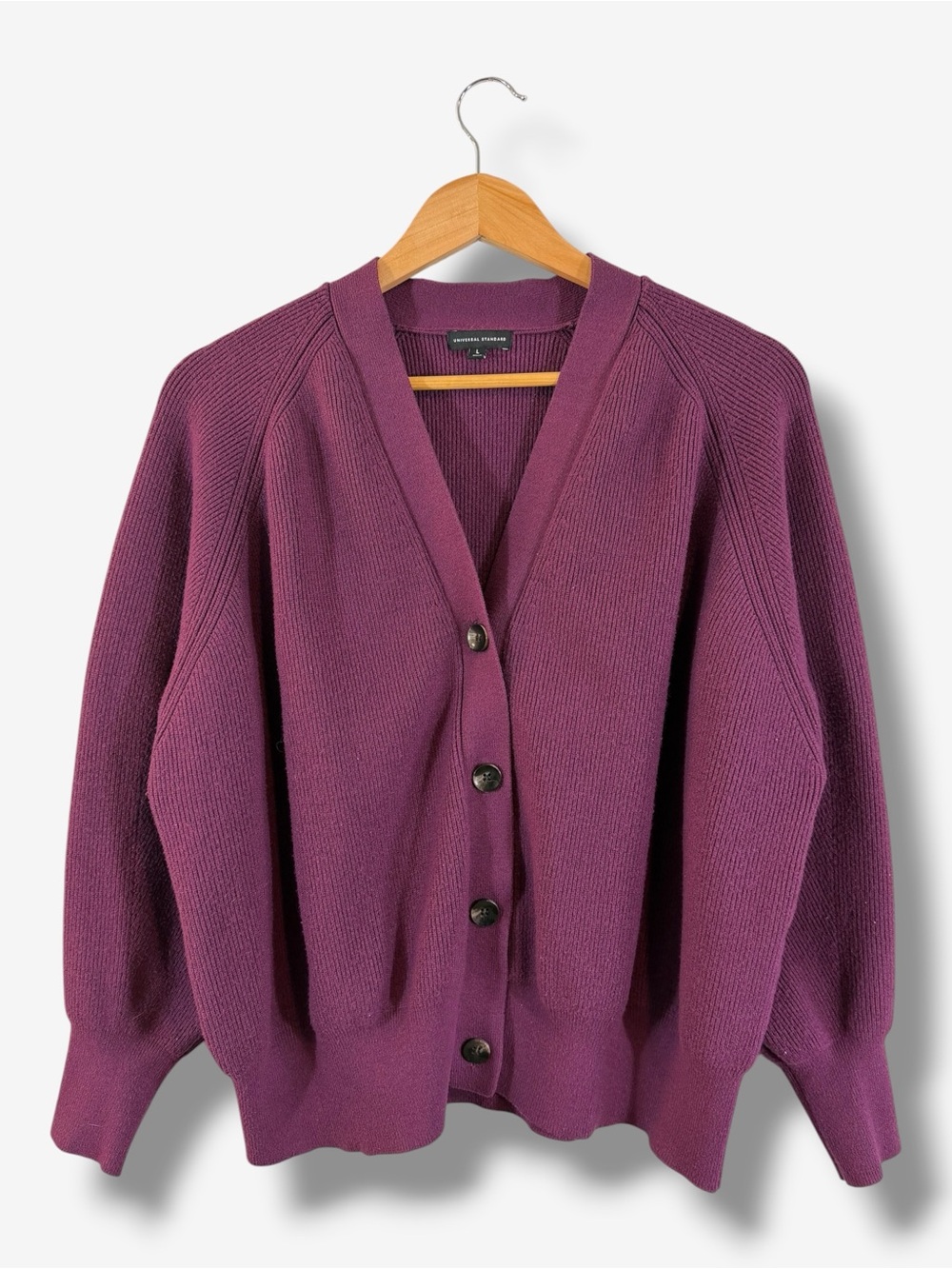 Universal Standard Purple Ribbed Knit Cardigan Size L (22/24) Balloon Sleeve